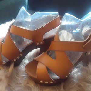 Brown Gold Leather Platform Sandals
